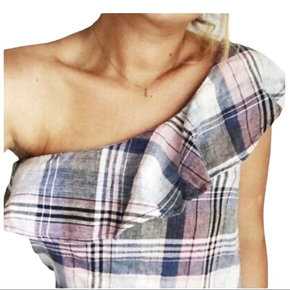 Cloth & Stone Plaid One Shoulder Linen Top Sz Small - Picture 2 of 5